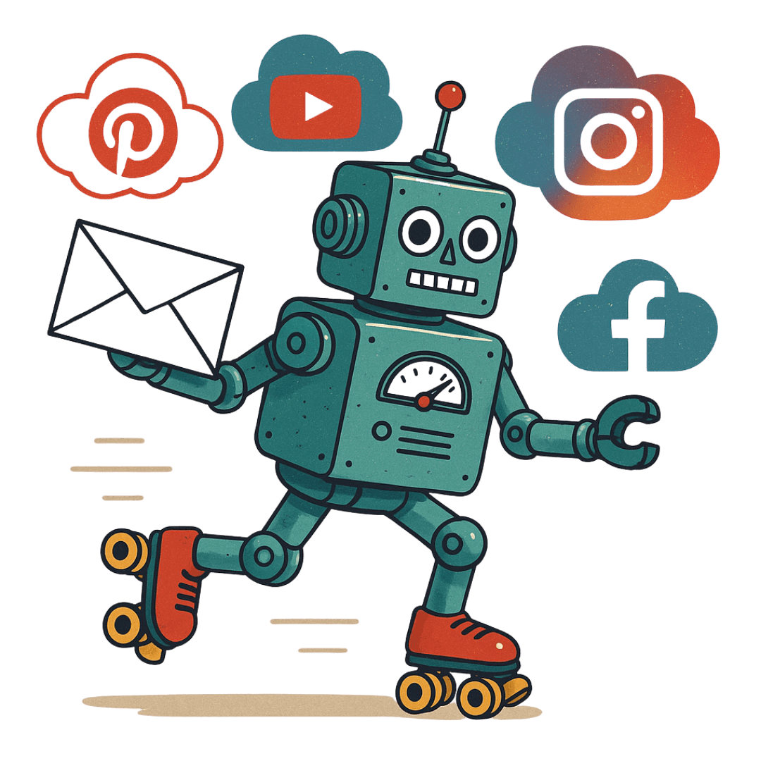 Cute robot on wheels with clipboard handling automation tasks